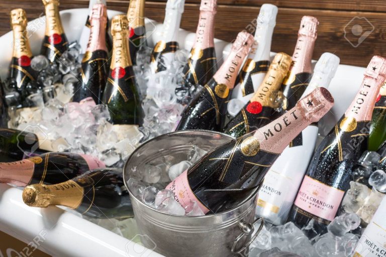 ROSTOV-ON-DON, RUSSIA - JUNE 2017: The bath is filled with ice and champagne "moet chandon" . A splendid party. Higher Society.